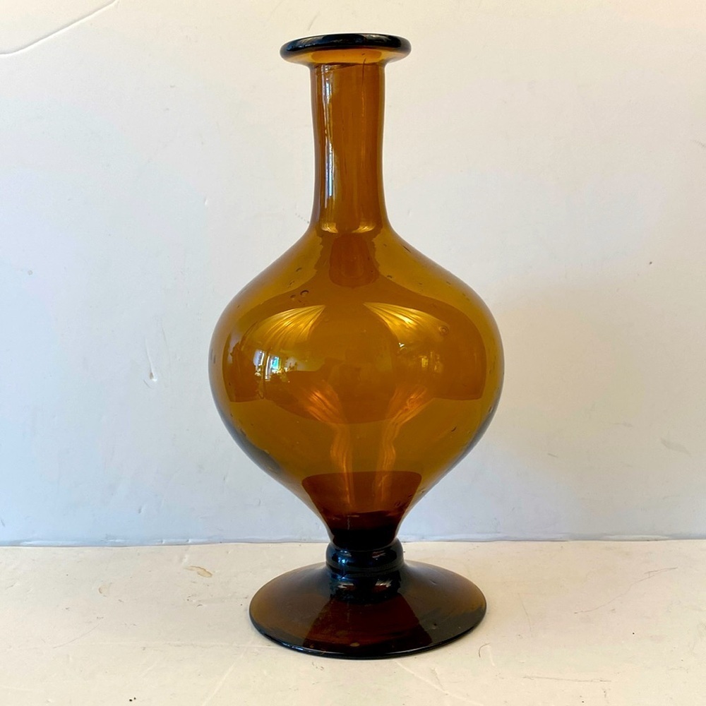 Handblown glass vase object d’art brown amber curved rounded blenco style